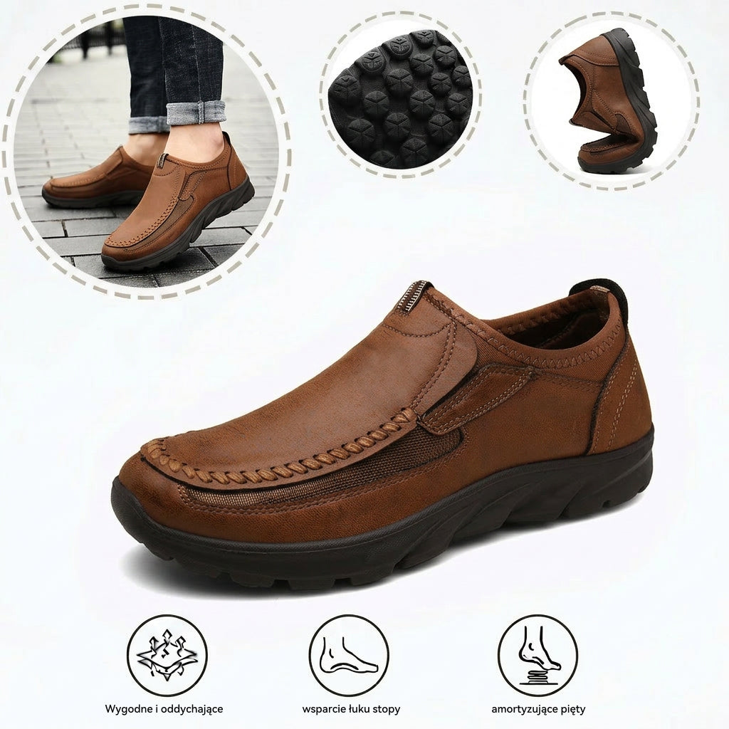 Wygodne buty ortopedyczne — ergonomiczne podparcie łuku stopy, łagodzące ból, szeroki krój, który nie uciska stopy.