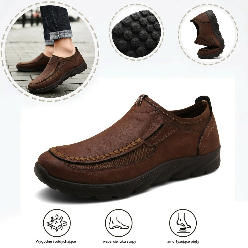 Wygodne buty ortopedyczne — ergonomiczne podparcie łuku stopy, łagodzące ból, szeroki krój, który nie uciska stopy.