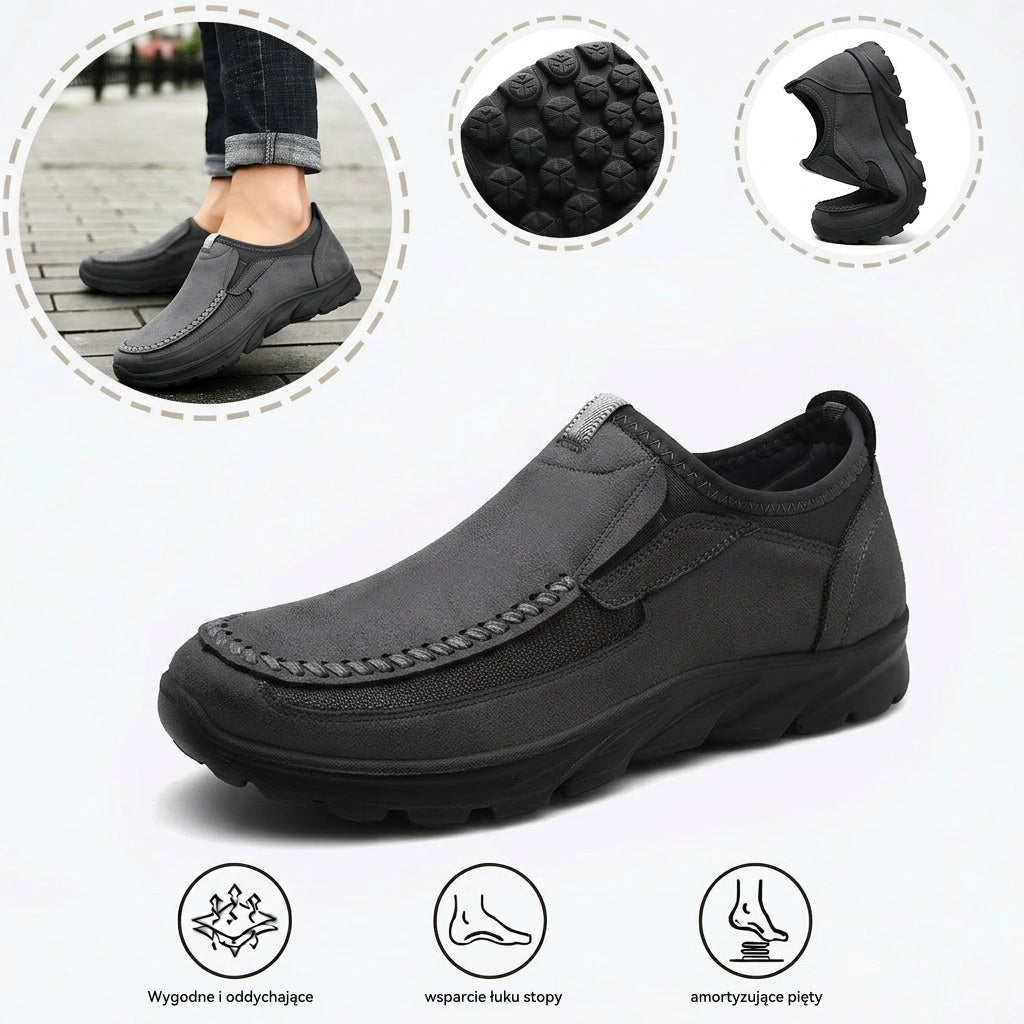 Wygodne buty ortopedyczne — ergonomiczne podparcie łuku stopy, łagodzące ból, szeroki krój, który nie uciska stopy.