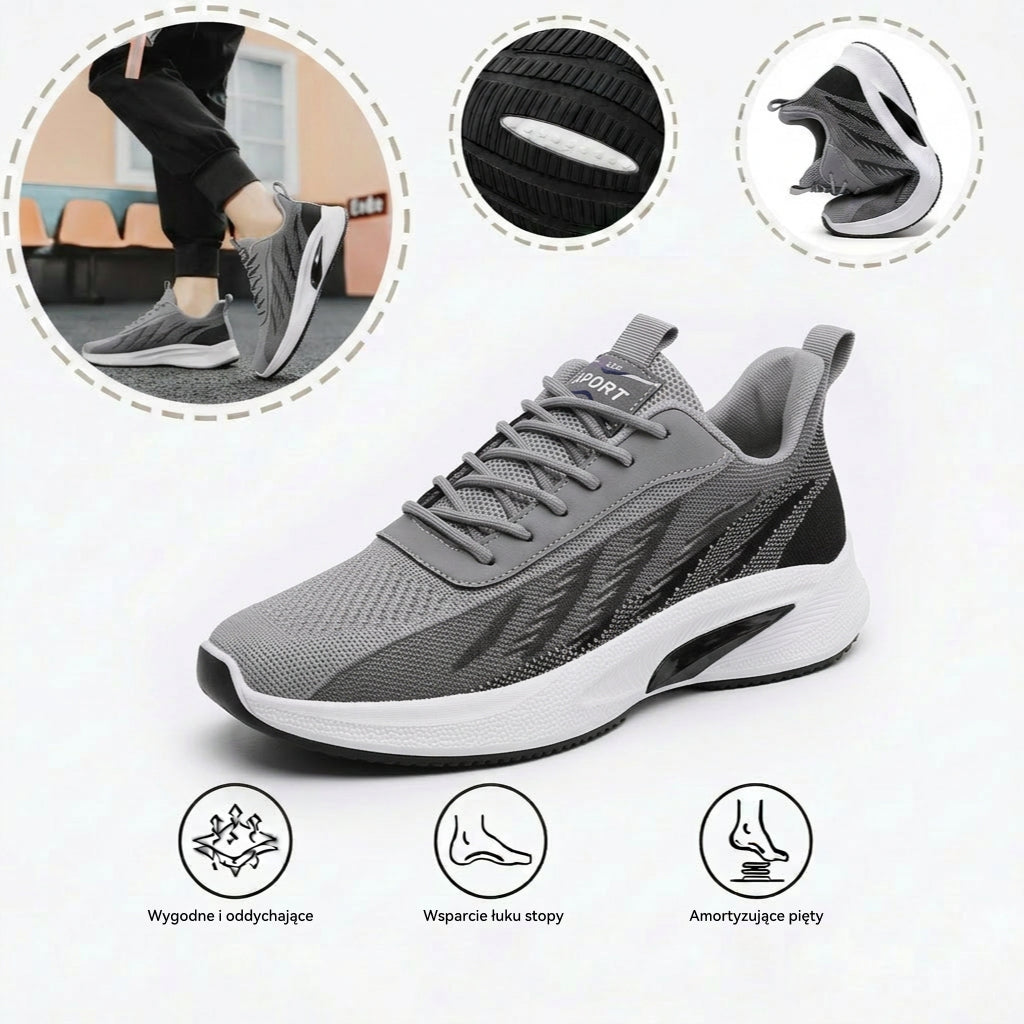 Sportowe buty ortopedyczne z siateczkową cholewką — podparcie łuku stopy i amortyzacja odciążająca kolana