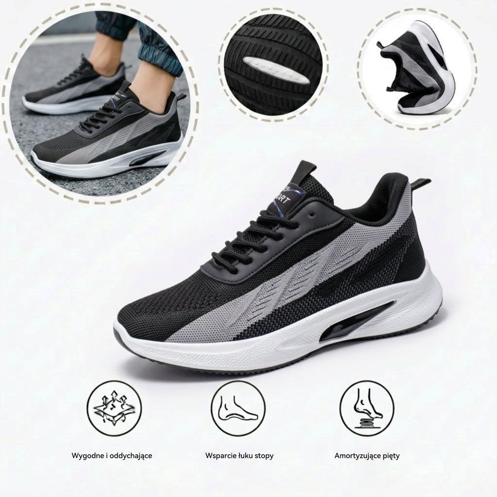Sportowe buty ortopedyczne z siateczkową cholewką — podparcie łuku stopy i amortyzacja odciążająca kolana