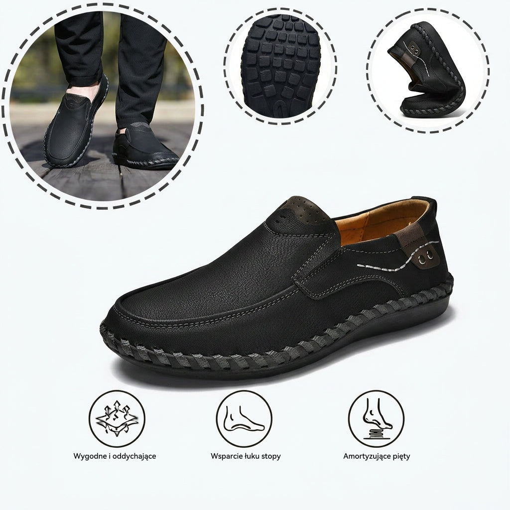Wygodne buty ortopedyczne — ergonomiczne podparcie łuku stopy, łagodzące ból, szeroki krój, który nie uciska stóp.